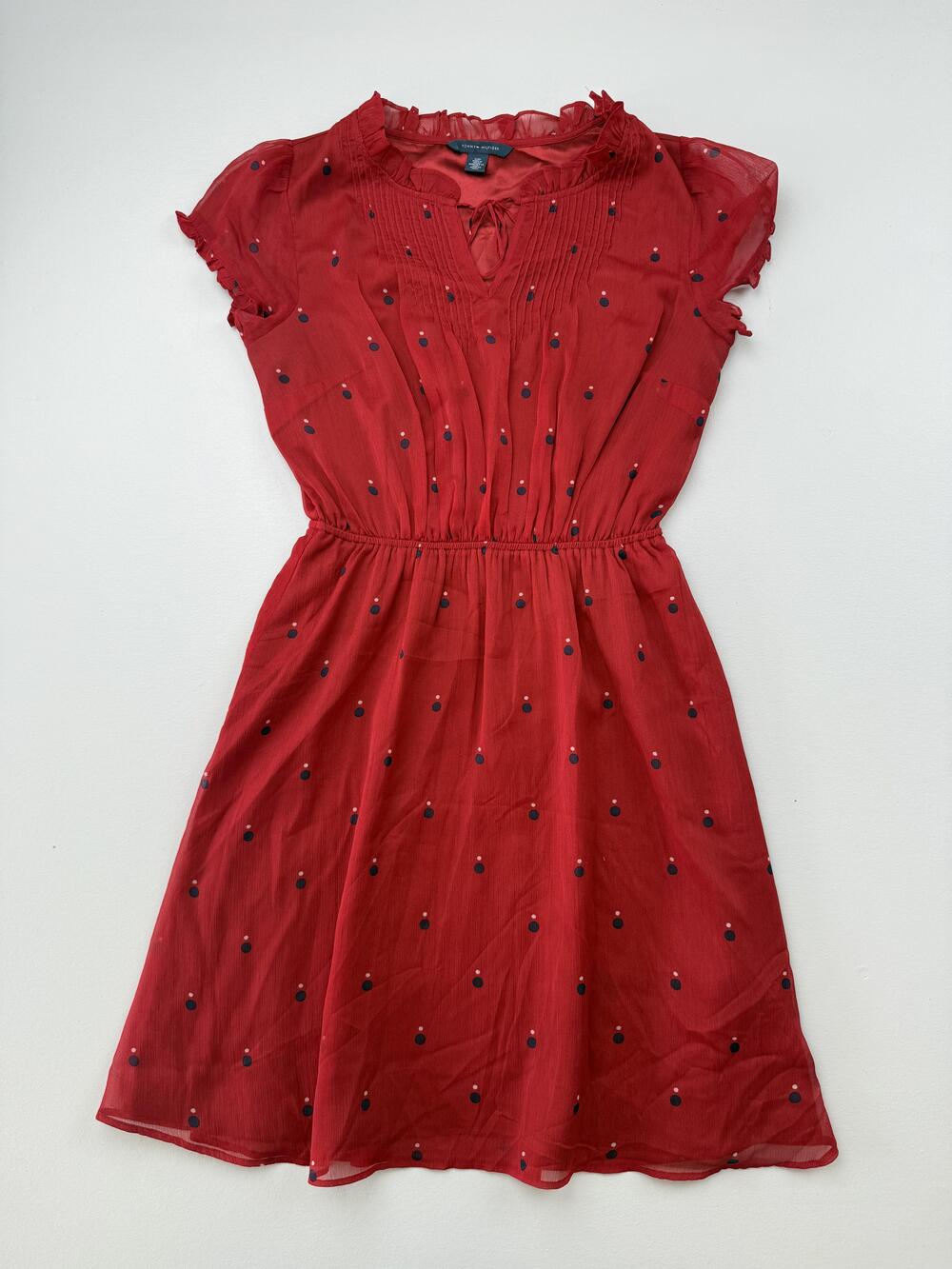 Tommy Hilfiger Dress Womens S Red Polka Dot Short Flutter Sleeve Sundress V Neck